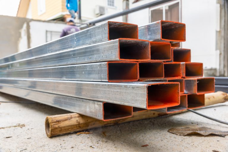 Galvanized rectangular steel tubes in construction site